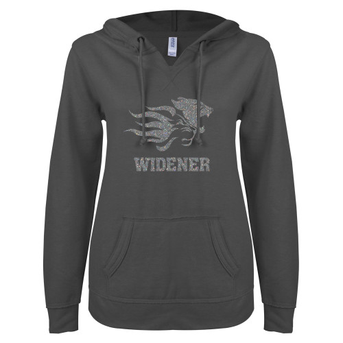  ENZA Womens Dark Heather V Notch Raw Edge Fleece Hoodie - Primary Mascot Silver Soft Glitter