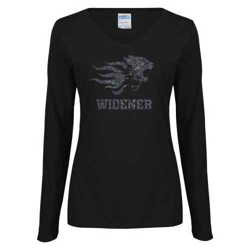  Womens Black Long Sleeve V Neck Tee  - Primary Mascot Graphite Soft Glitter