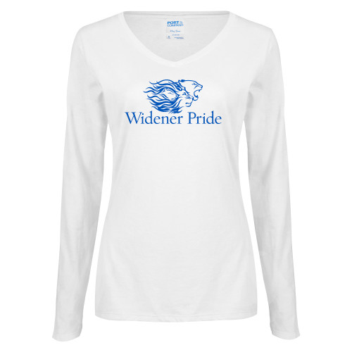  Womens White Long Sleeve V Neck Tee - Widener Pride