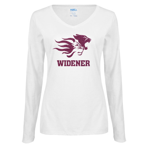  Womens White Long Sleeve V Neck Tee - Primary Mascot Pink Glitter