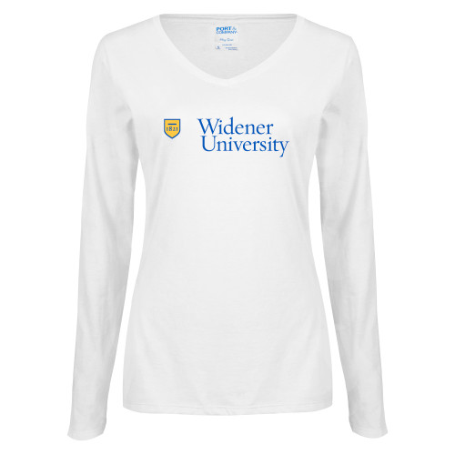  Womens White Long Sleeve V Neck Tee - Primary Mark with Shield