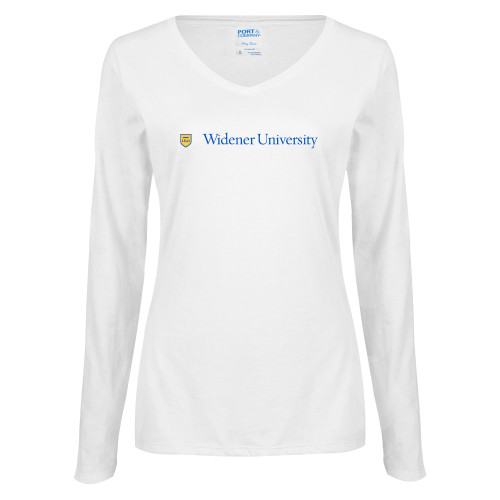 Womens White Long Sleeve V Neck Tee - Primary Mark with Shield Flat
