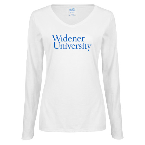  Womens White Long Sleeve V Neck Tee - Primary Mark