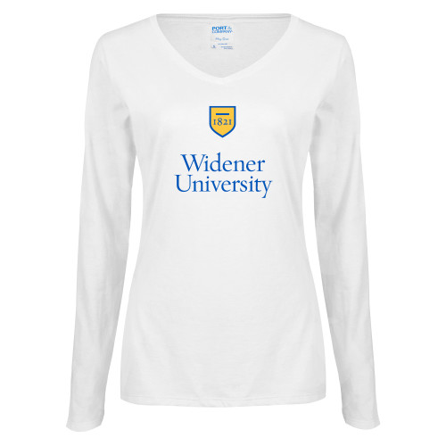  Womens White Long Sleeve V Neck Tee - Stacked University Mark