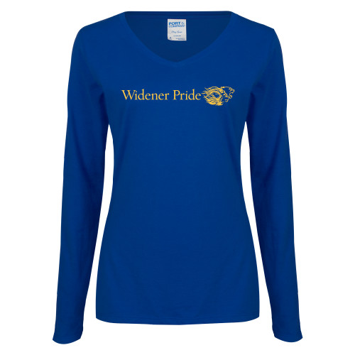  Womens Royal Long Sleeve V Neck Tee  - Widener Pride Flat
