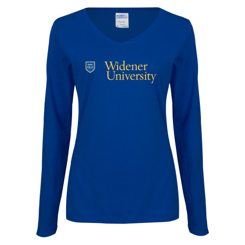  Womens Royal Long Sleeve V Neck Tee  - Primary Mark with Shield