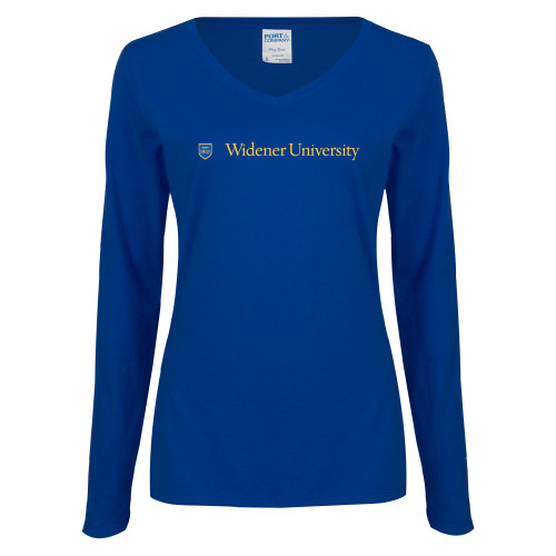  Womens Royal Long Sleeve V Neck Tee  - Primary Mark with Shield Flat