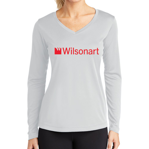 Womens White Performance Long Sleeve V Neck Shirt-Wilsonart