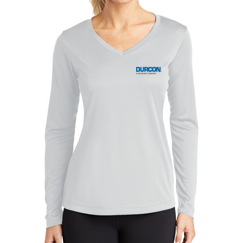 Womens White Performance Long Sleeve V Neck Shirt-Durcon A Wilsonart Company