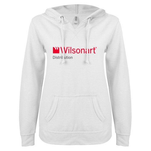 ENZA Womens White V Notch Raw Edge Fleece Hoodie-Wilsonart Distribution