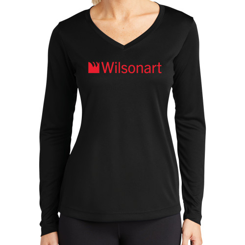 Womens Black Performance Long Sleeve V Neck Shirt-Wilsonart