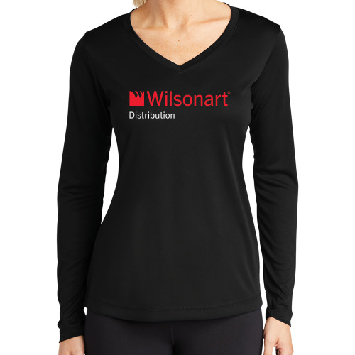 Womens Black Performance Long Sleeve V Neck Shirt-Wilsonart Distribution