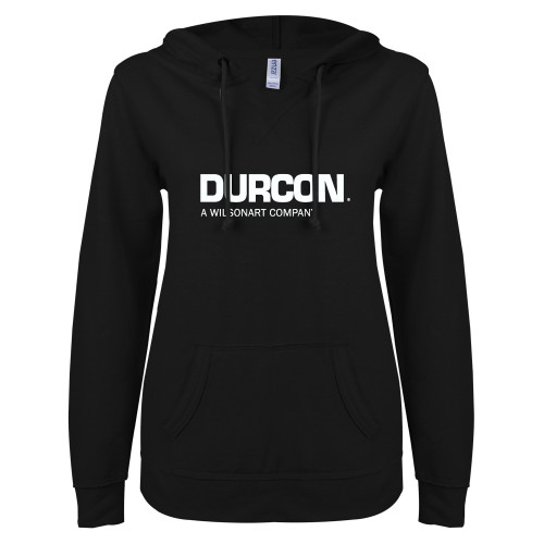 ENZA Womens Black V Notch Raw Edge Fleece Hoodie-Durcon A Wilsonart Company