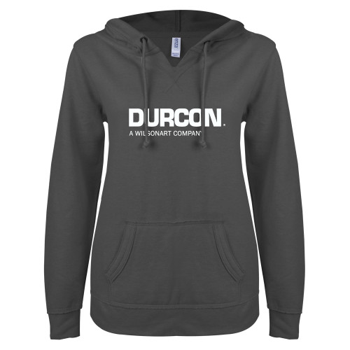 ENZA Womens Dark Heather V Notch Raw Edge Fleece Hoodie-Durcon A Wilsonart Company