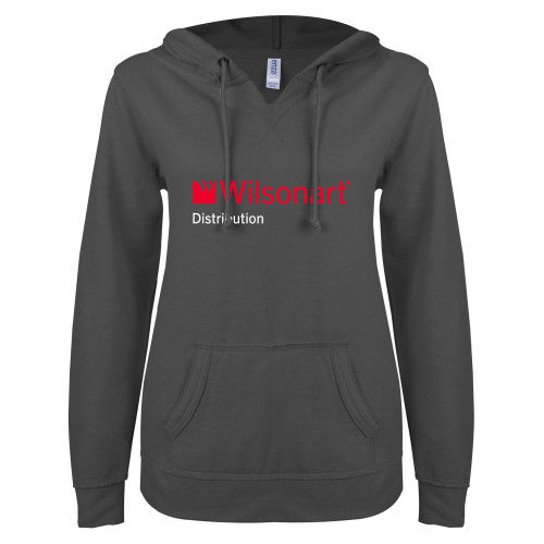 ENZA Womens Dark Heather V Notch Raw Edge Fleece Hoodie-Wilsonart Distribution