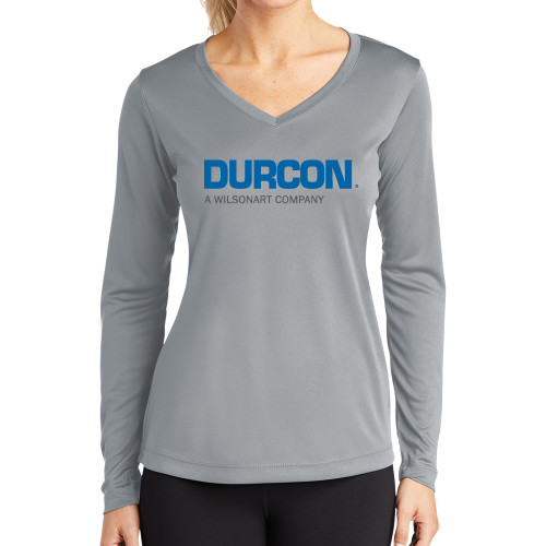 Womens Grey Performance Long Sleeve V Neck Shirt-Durcon A Wilsonart Company