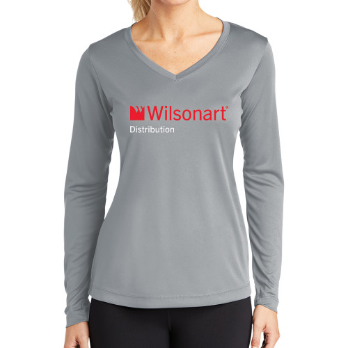 Womens Grey Performance Long Sleeve V Neck Shirt-Wilsonart Distribution
