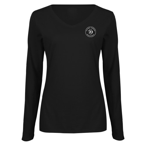Womens Black Long Sleeve V Neck Tee -Wilsonart 70th Anniversary Badge