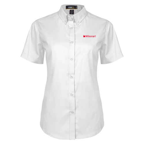 Womens White Twill Button Up Short Sleeve-Wilsonart
