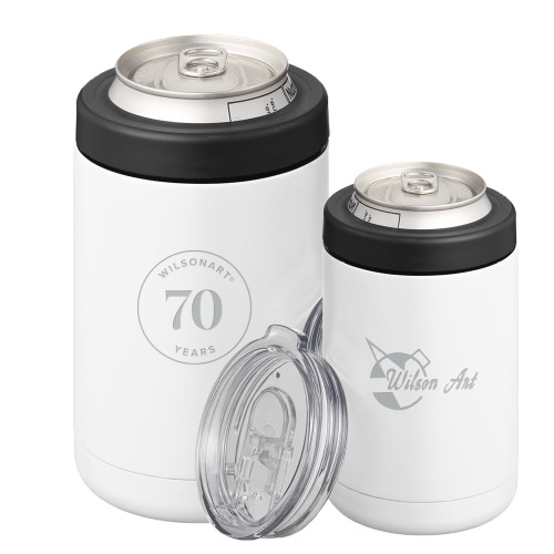 2 in 1 White Can Cooler Tumbler 12oz-Wilsonart 70th Anniversary Badge Simplified Engraved