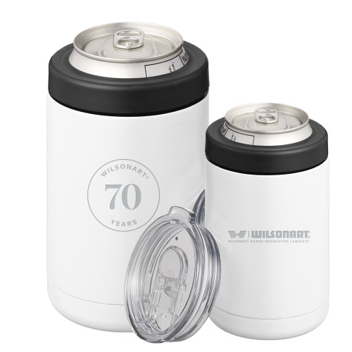 2 in 1 White Can Cooler Tumbler 12oz-Wilsonart 70th Anniversary Badge Simplified Engraved