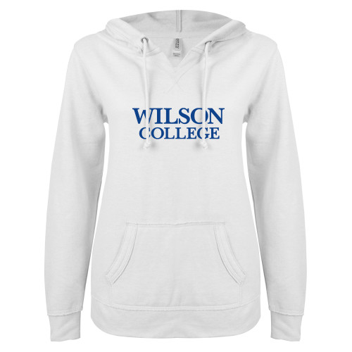  ENZA Womens White V Notch Raw Edge Fleece Hoodie - Wilson College Primary Mark