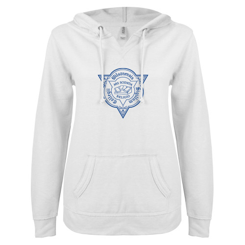  ENZA Womens White V Notch Raw Edge Fleece Hoodie - Wilson College Seal