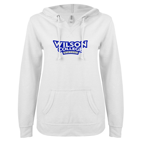  ENZA Womens White V Notch Raw Edge Fleece Hoodie - Wilson College Lacrosse