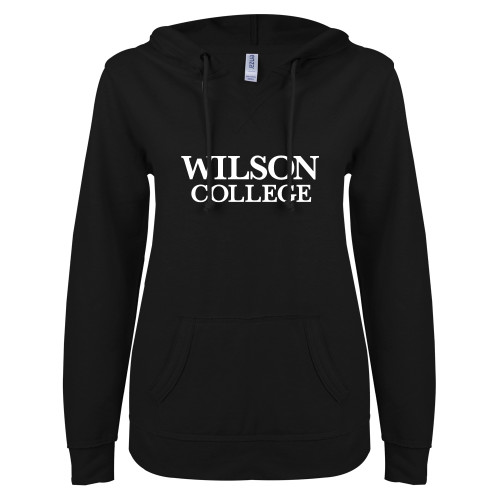  ENZA Womens Black V Notch Raw Edge Fleece Hoodie - Wilson College Primary Mark