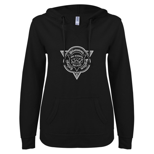  ENZA Womens Black V Notch Raw Edge Fleece Hoodie - Wilson College Seal