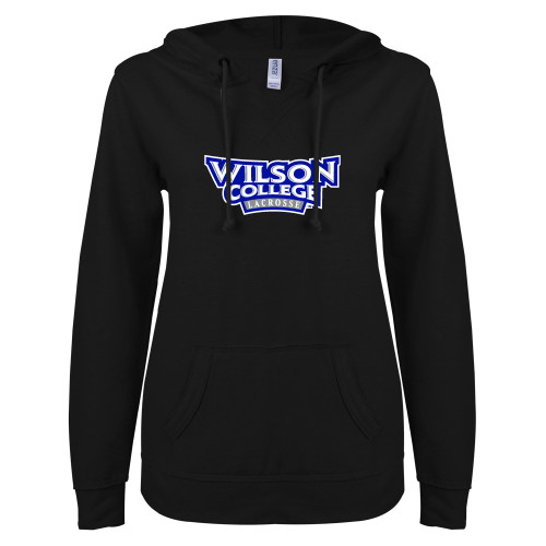  ENZA Womens Black V Notch Raw Edge Fleece Hoodie - Wilson College Lacrosse