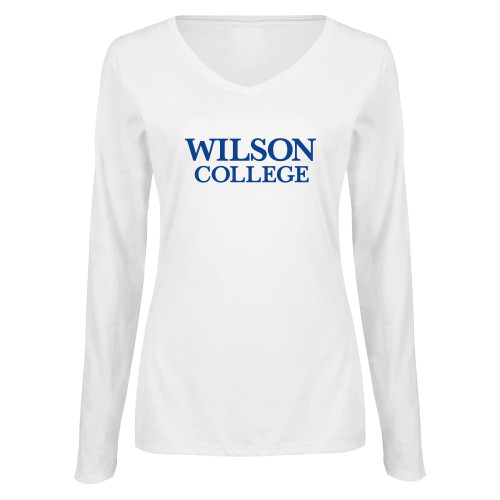  Womens White Long Sleeve V Neck Tee - Wilson College Primary Mark
