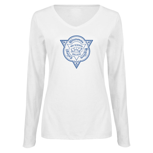  Womens White Long Sleeve V Neck Tee - Wilson College Seal