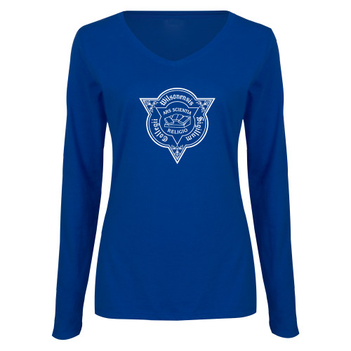 Womens Royal Long Sleeve V Neck Tee  - Wilson College Seal