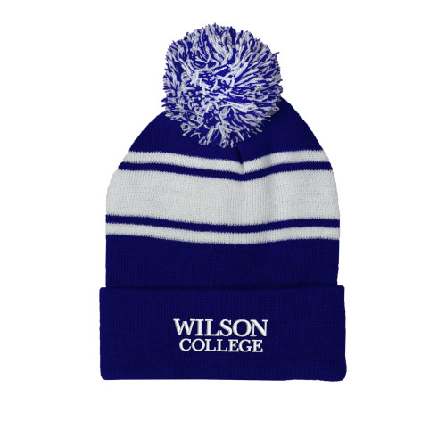  Royal/White Two Tone Knit Pom Beanie w/Cuff - Wilson College Primary Mark