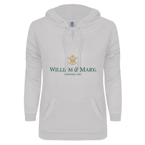  ENZA Womens White V Notch Raw Edge Fleece Hoodie - Chartered Logo