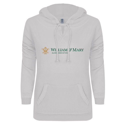  ENZA Womens White V Notch Raw Edge Fleece Hoodie - Alumni Association Flat