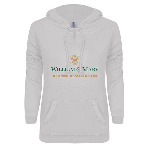  ENZA Womens White V Notch Raw Edge Fleece Hoodie - Alumni Association Stacked