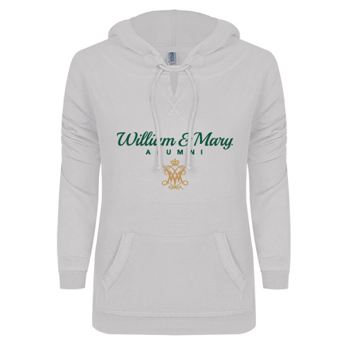  ENZA Womens White V Notch Raw Edge Fleece Hoodie - William & Mary Script Alumni