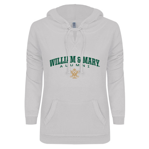  ENZA Womens White V Notch Raw Edge Fleece Hoodie - Arched Collegiate William & Mary Alumni