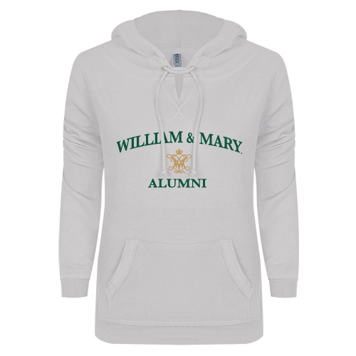  ENZA Womens White V Notch Raw Edge Fleece Hoodie - Arched Academic William & Mary Alumni