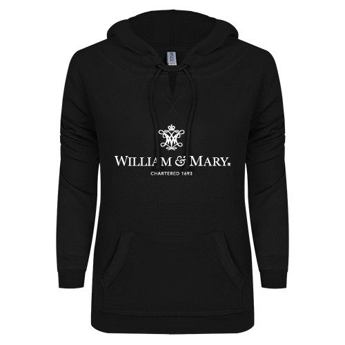  ENZA Womens Black V Notch Raw Edge Fleece Hoodie - Chartered Logo