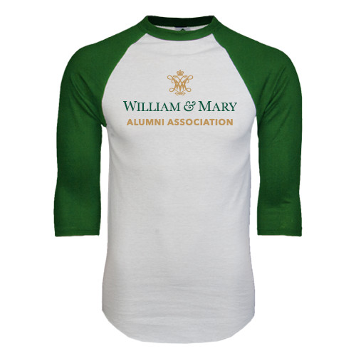  White/Dark Green Raglan Baseball T Shirt - Alumni Association Stacked