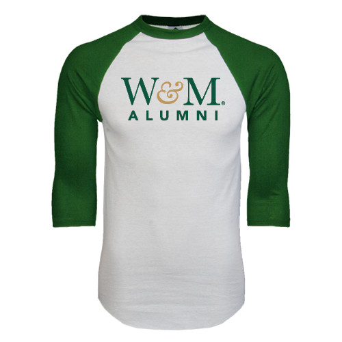  White/Dark Green Raglan Baseball T Shirt - W&M Alumni