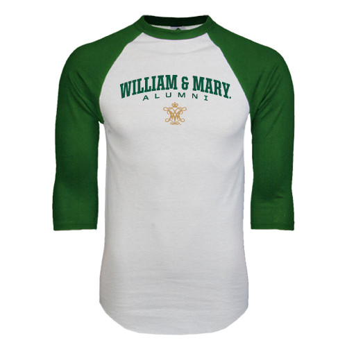  White/Dark Green Raglan Baseball T Shirt - Arched Collegiate William & Mary Alumni