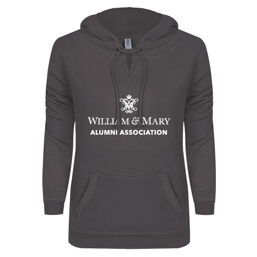  ENZA Womens Dark Heather V Notch Raw Edge Fleece Hoodie - Alumni Association Stacked
