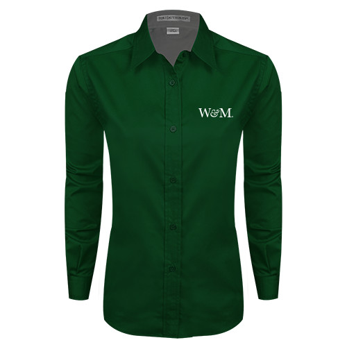  Womens Dark Green Twill Button Down Long Sleeve  - W&M