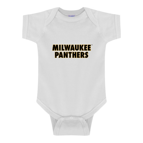  White Infant Onesie - University of Wisconsin Milwaukee Panthers Wordmark Stacked