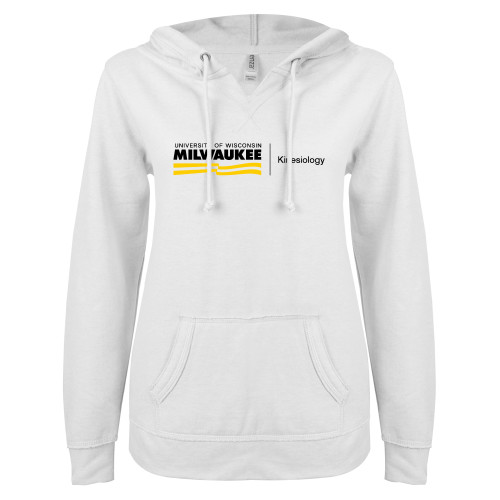  ENZA Womens White V Notch Raw Edge Fleece Hoodie - UWM Kinesiology