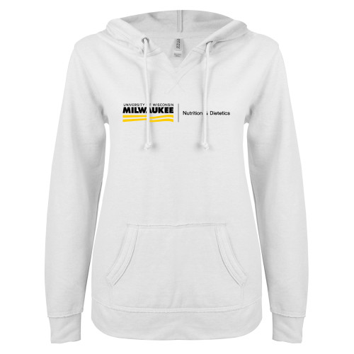  ENZA Womens White V Notch Raw Edge Fleece Hoodie - UWM Nutrition & Dietetics